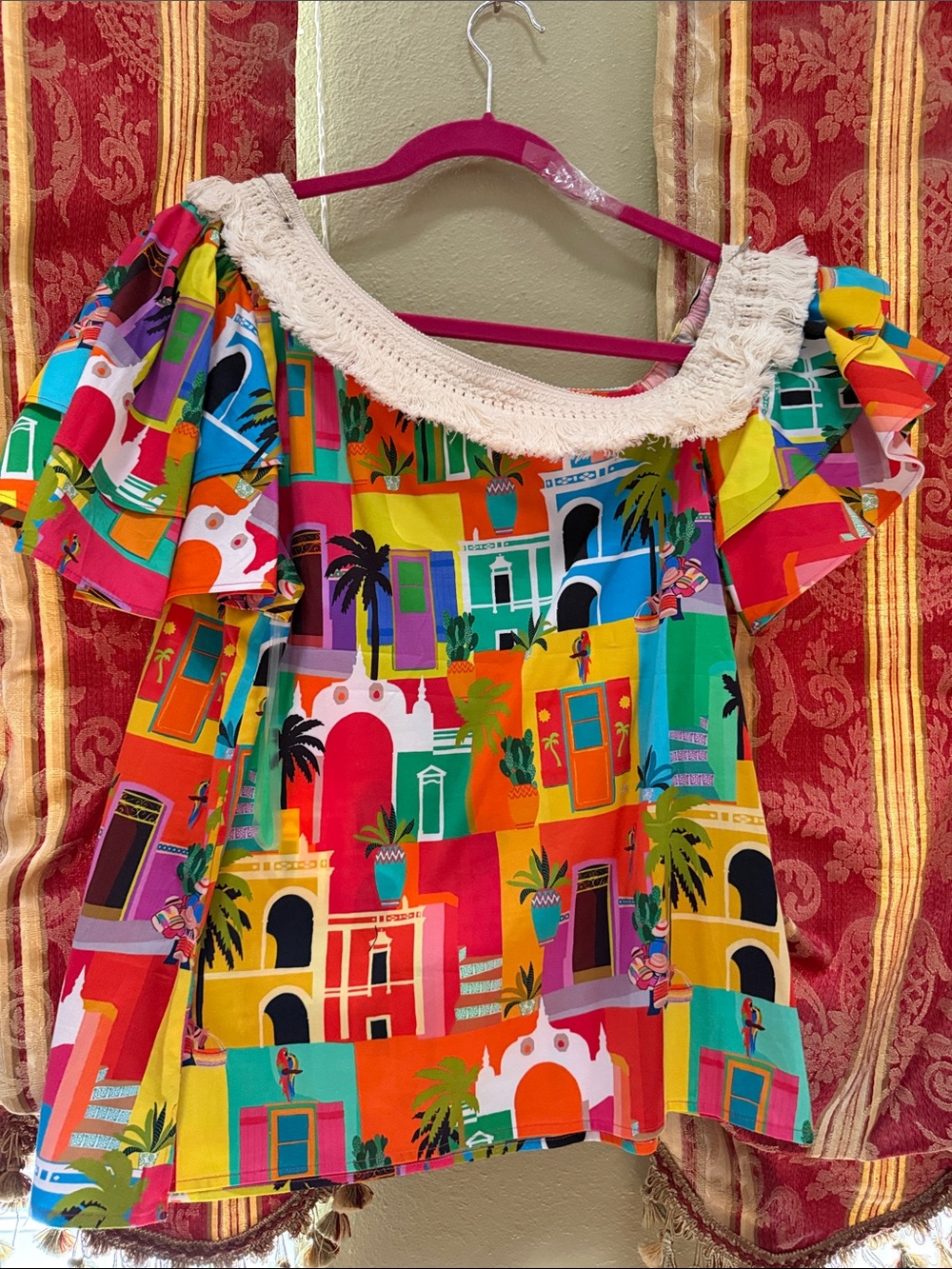 Alden Adair Colorful Off-Shoulder Women’s Top with Crochet Trim